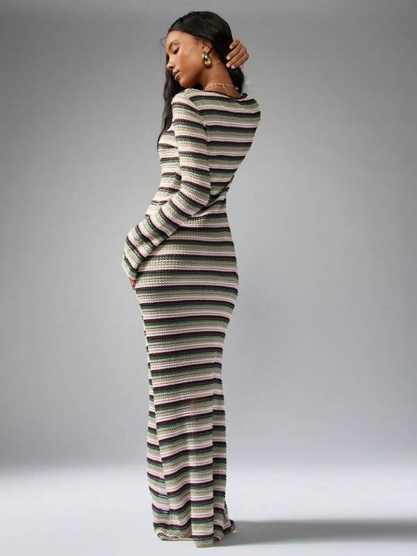 MISSGUIDED Boho Striped Crochet Tie-Front Split Side Maxi Dress