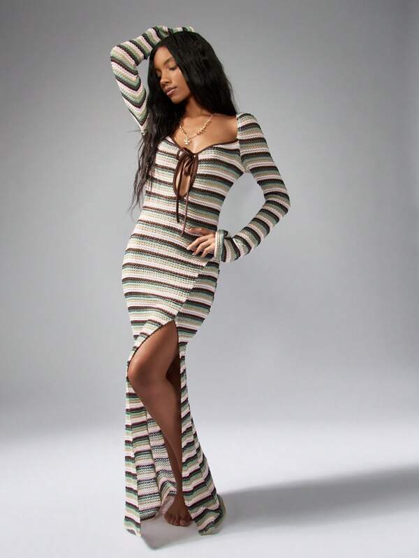 MISSGUIDED Boho Striped Crochet Tie-Front Split Side Maxi Dress