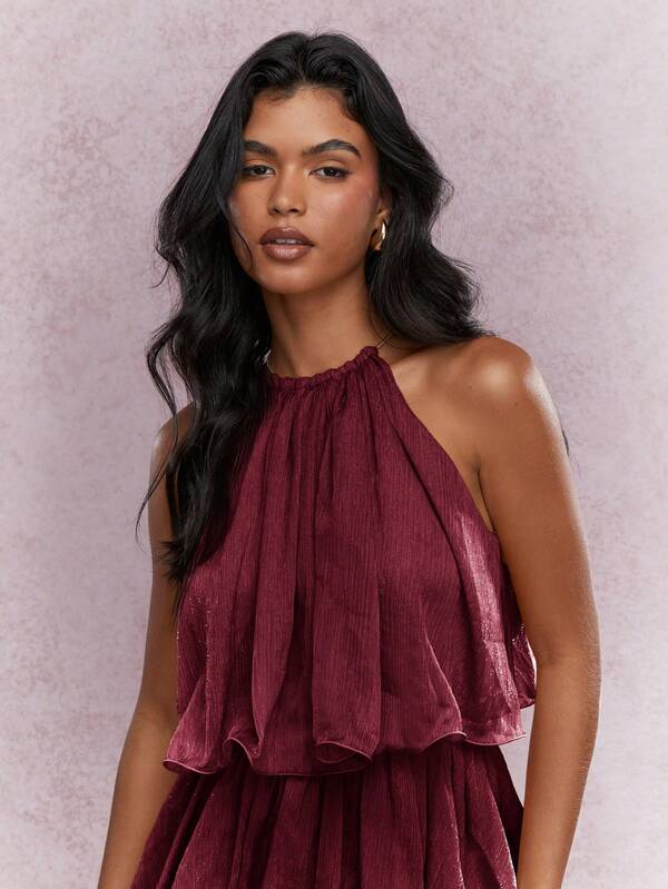 MISSGUIDED Boho Tiered Ruffle Halter Neck Mini Dress