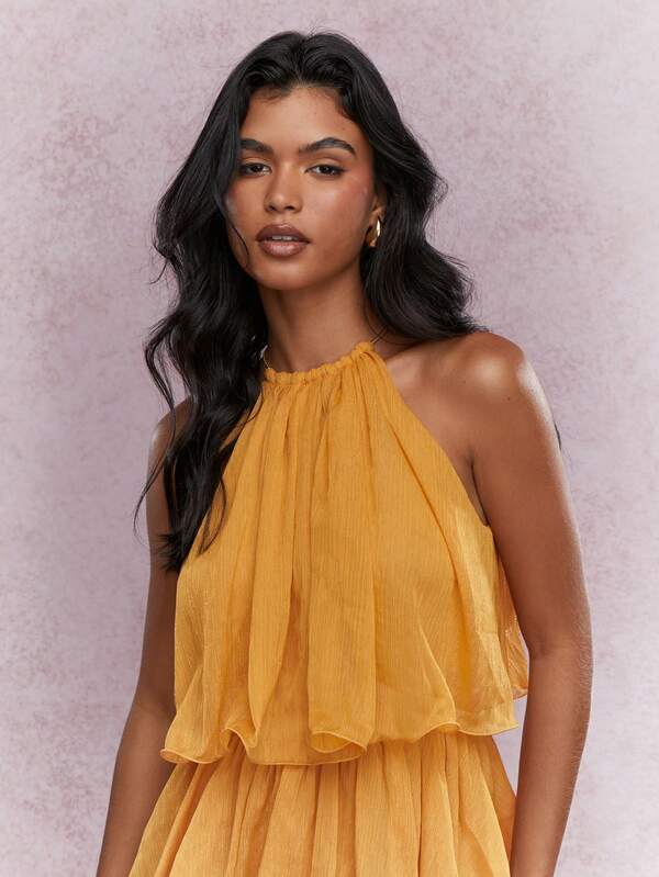 MISSGUIDED Boho Tiered Ruffle Halter Neck Mini Dress Cute Sundress