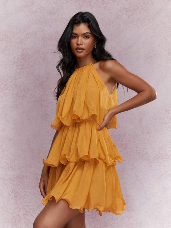 MISSGUIDED Boho Tiered Ruffle Halter Neck Mini Dress Cute Sundress