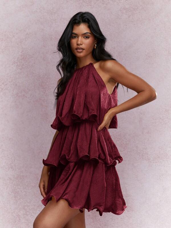 MISSGUIDED Boho Tiered Ruffle Halter Neck Mini Dress