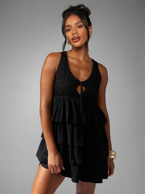 MISSGUIDED Boho Tiered Ruffle Layer Mini Dress With Lace Bodice And Tie Front