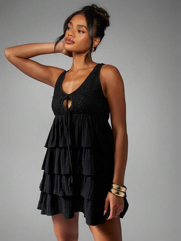 MISSGUIDED Boho Tiered Ruffle Layer Mini Dress With Lace Bodice And Tie Front