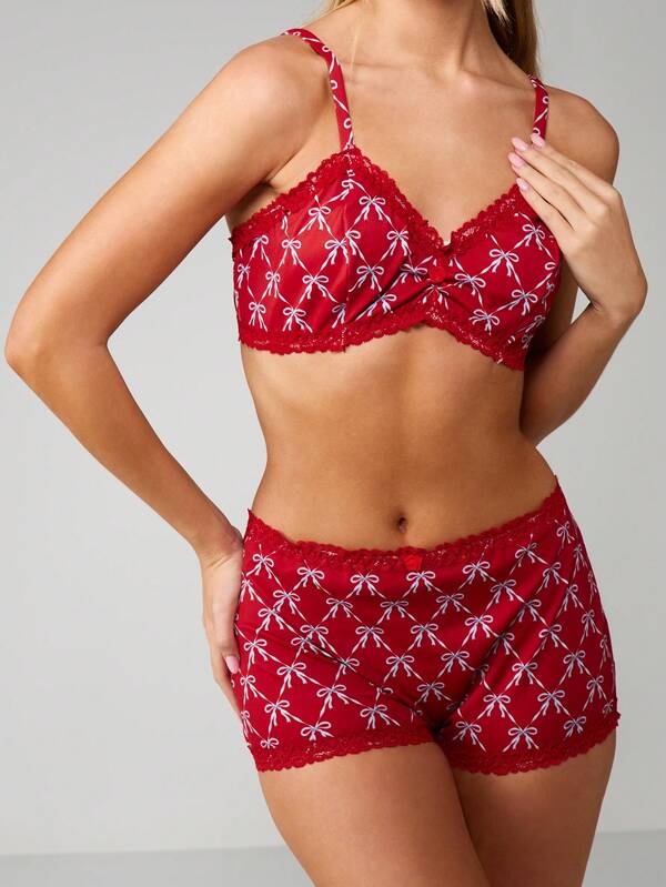 MISSGUIDED Bow Print Lace Trim Bralette Set
