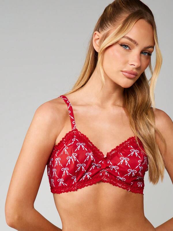 MISSGUIDED Bow Print Lace Trim Bralette Set