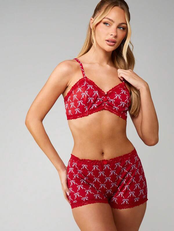 MISSGUIDED Bow Print Lace Trim Bralette Set
