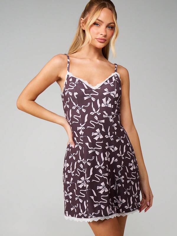 MISSGUIDED Bow Print Lace Trim Cami Dress
