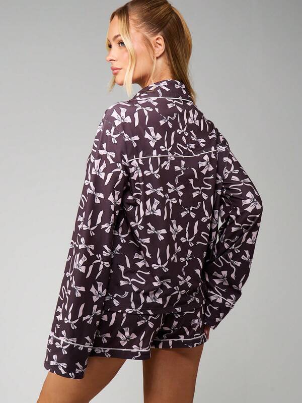MISSGUIDED Bow Print Pajama Set With Button Front Shirt
