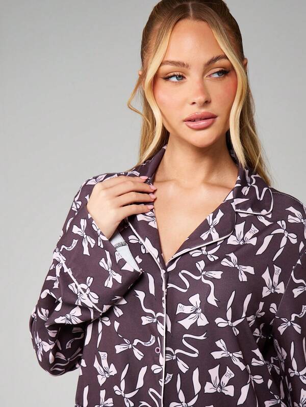 MISSGUIDED Bow Print Pajama Set With Button Front Shirt