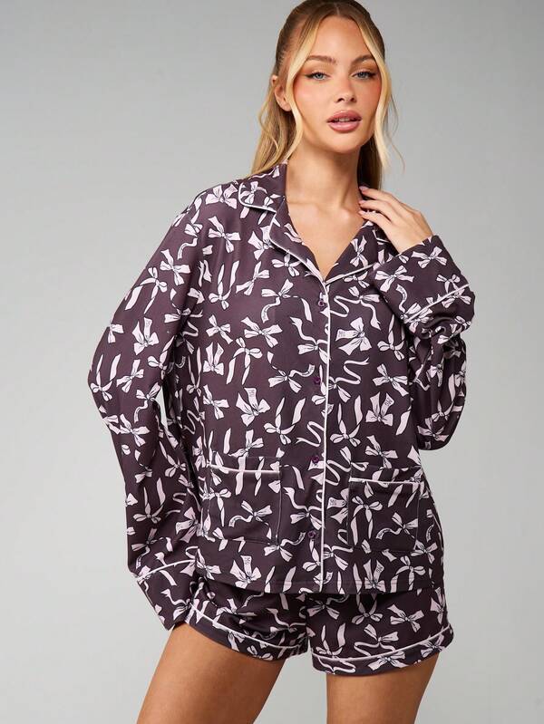 MISSGUIDED Bow Print Pajama Set With Button Front Shirt