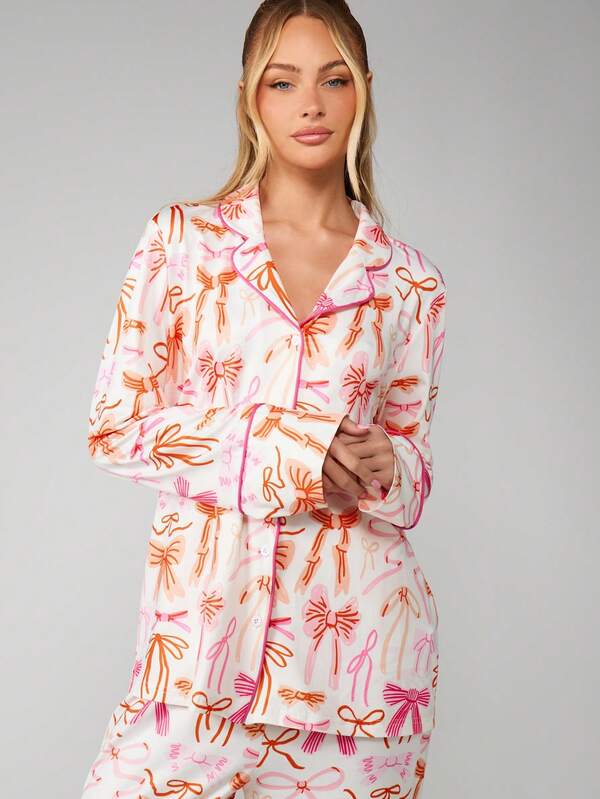 MISSGUIDED Bow Print Pajama Set With Button Top
