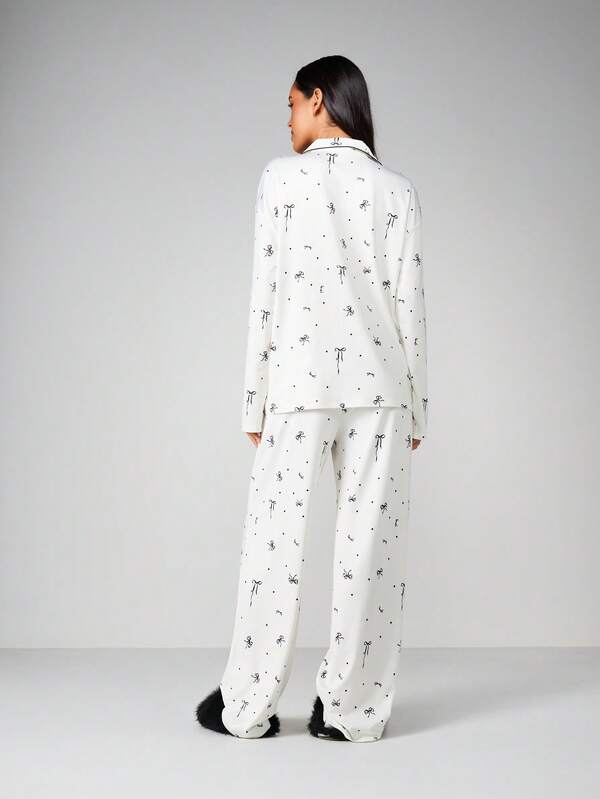 MISSGUIDED Bow Print Pajama Set With Button Up Shirt