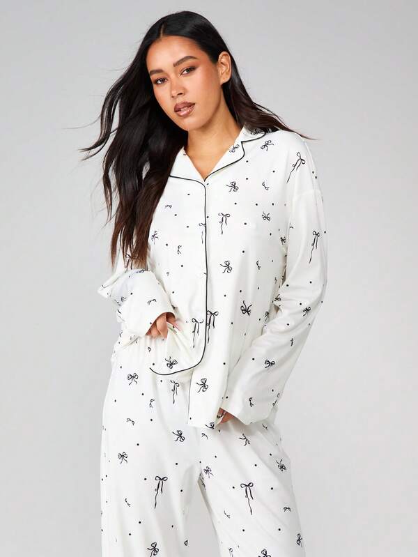 MISSGUIDED Bow Print Pajama Set With Button Up Shirt