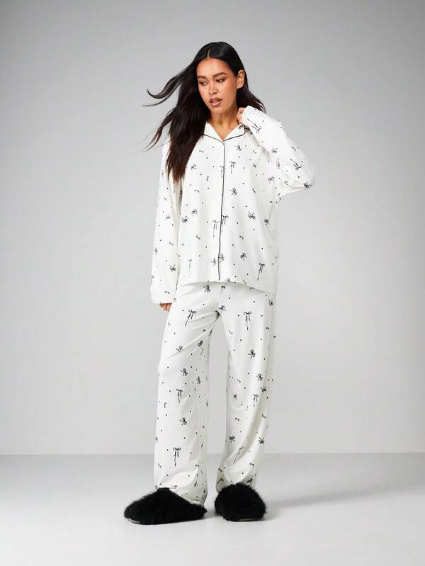 MISSGUIDED Bow Print Pajama Set With Button Up Shirt