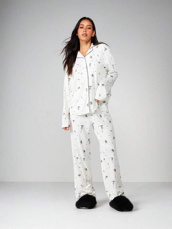 MISSGUIDED Bow Print Pajama Set With Button Up Shirt