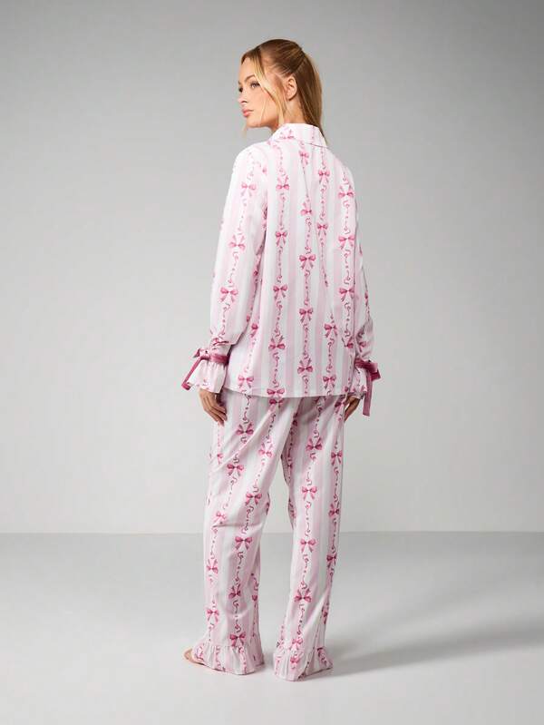 MISSGUIDED Bow Print Pajama Set With Button Up Top