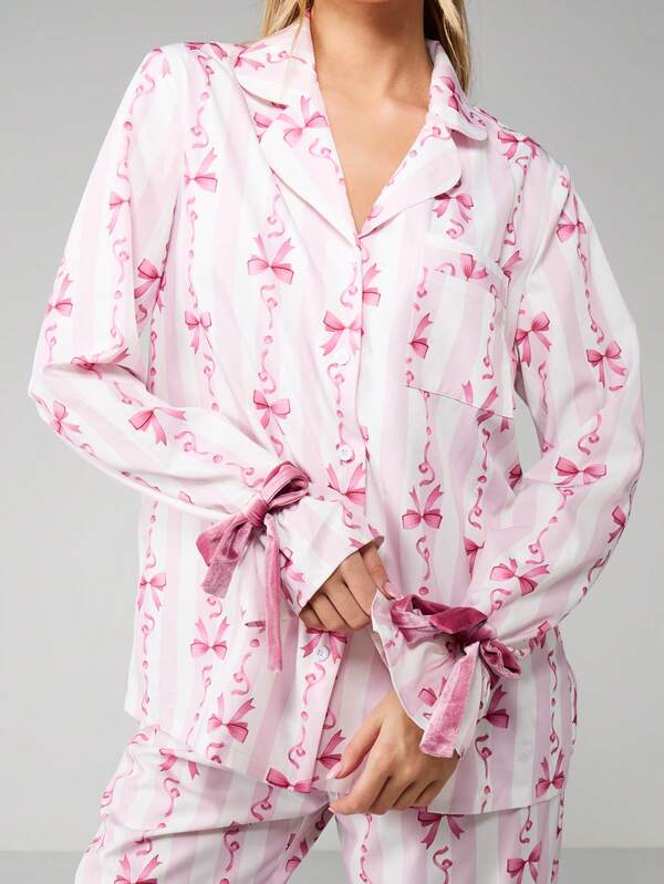 MISSGUIDED Bow Print Pajama Set With Button Up Top