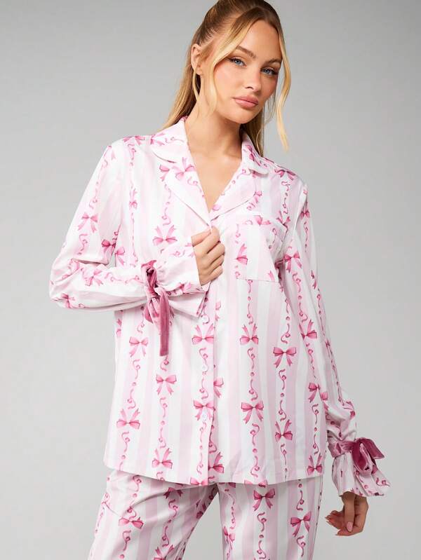 MISSGUIDED Bow Print Pajama Set With Button Up Top