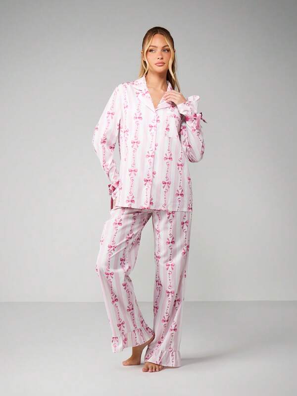 MISSGUIDED Bow Print Pajama Set With Button Up Top