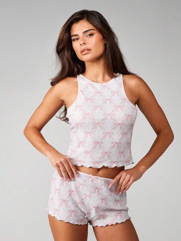 MISSGUIDED Bow Print Pointelle Knit Lounge Set With Ruffle Trim