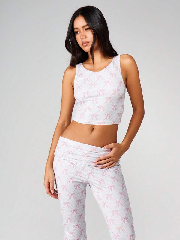 MISSGUIDED Bow Print Tank And Trouser Set