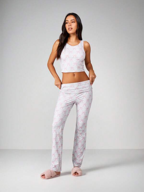 MISSGUIDED Bow Print Tank And Trouser Set