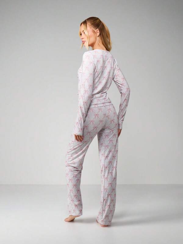 MISSGUIDED Bow Print Tie Front Lounge Set