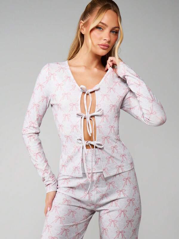 MISSGUIDED Bow Print Tie Front Lounge Set