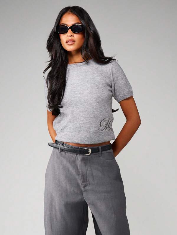 MISSGUIDED Boxy Knit Short Sleeve Top With Embroidery