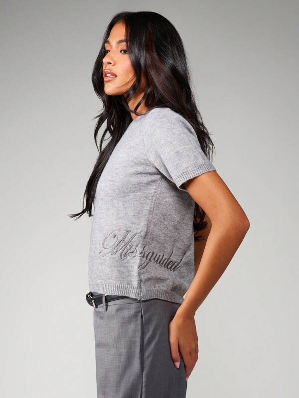 MISSGUIDED Boxy Knit Short Sleeve Top With Embroidery