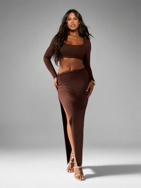 MISSGUIDED Braided Trim Crop Top And Maxi Skirt Set