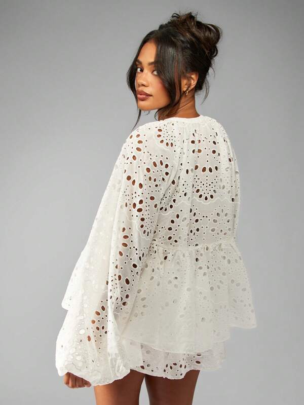 MISSGUIDED Broderie Anglaise Boho Two Piece Outfit With Balloon Sleeves And Drawstring Details
