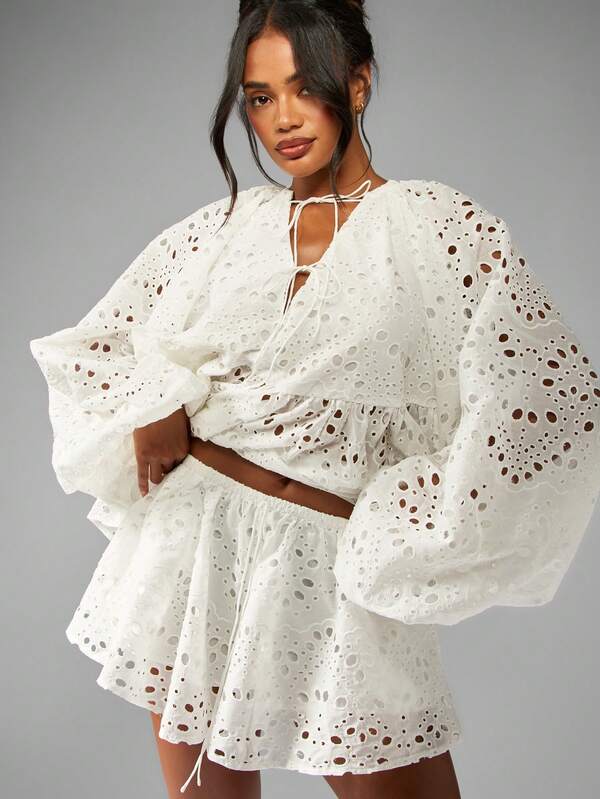 MISSGUIDED Broderie Anglaise Boho Two Piece Outfit With Balloon Sleeves And Drawstring Details