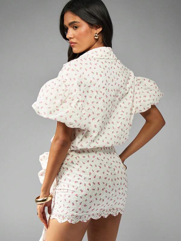 MISSGUIDED Broderie Anglaise Crop Top With Rosette Mini Skirt