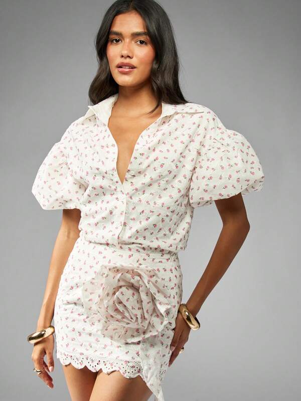 MISSGUIDED Broderie Anglaise Crop Top With Rosette Mini Skirt