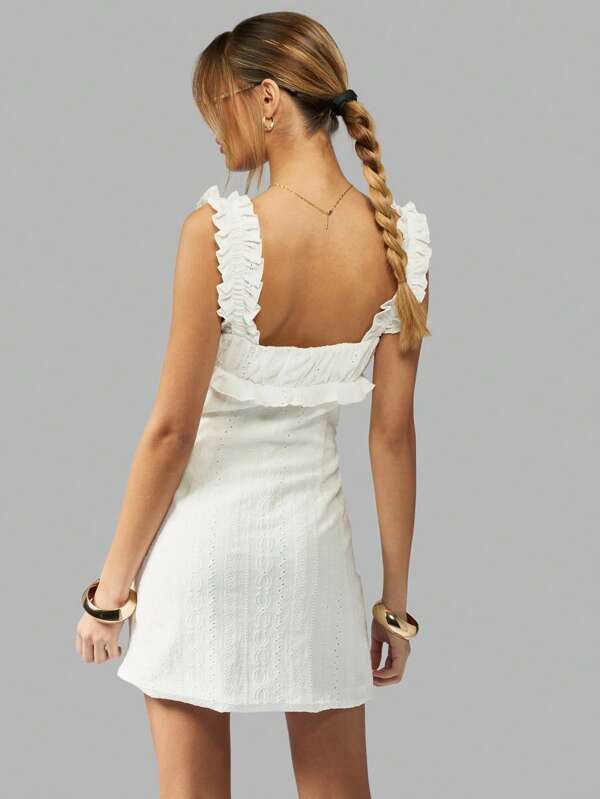 MISSGUIDED Broderie Anglaise Eyelet Mini Dress Ruffle Straps Adjustable Tie Front