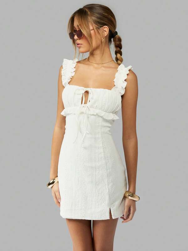 MISSGUIDED Broderie Anglaise Eyelet Mini Dress Ruffle Straps Adjustable Tie Front