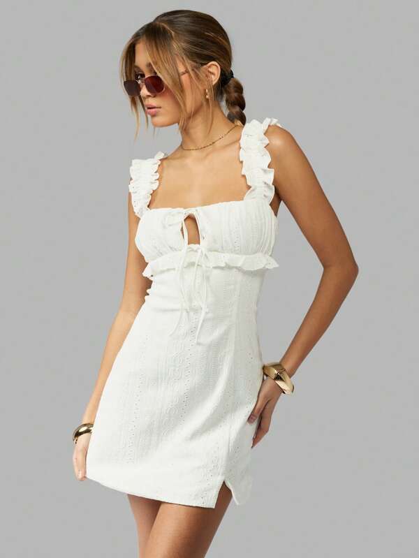 MISSGUIDED Broderie Anglaise Eyelet Mini Dress Ruffle Straps Adjustable Tie Front