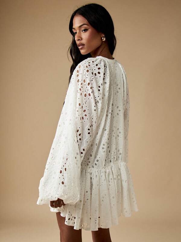 MISSGUIDED Broderie Anglaise Lace Smocked Mini Dress With Balloon Sleeves