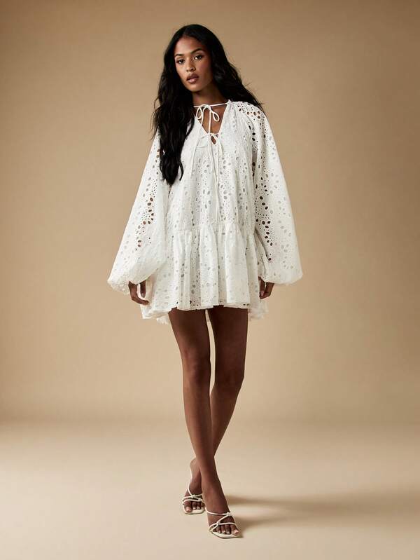 MISSGUIDED Broderie Anglaise Lace Smocked Mini Dress With Balloon Sleeves