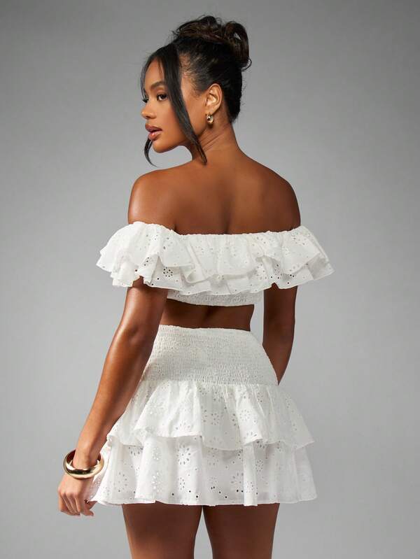 MISSGUIDED Broderie Anglaise Ruffled Crop Top With Tiered Mini Skirt