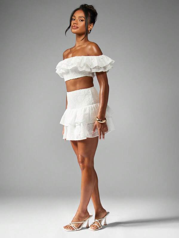 MISSGUIDED Broderie Anglaise Ruffled Crop Top With Tiered Mini Skirt