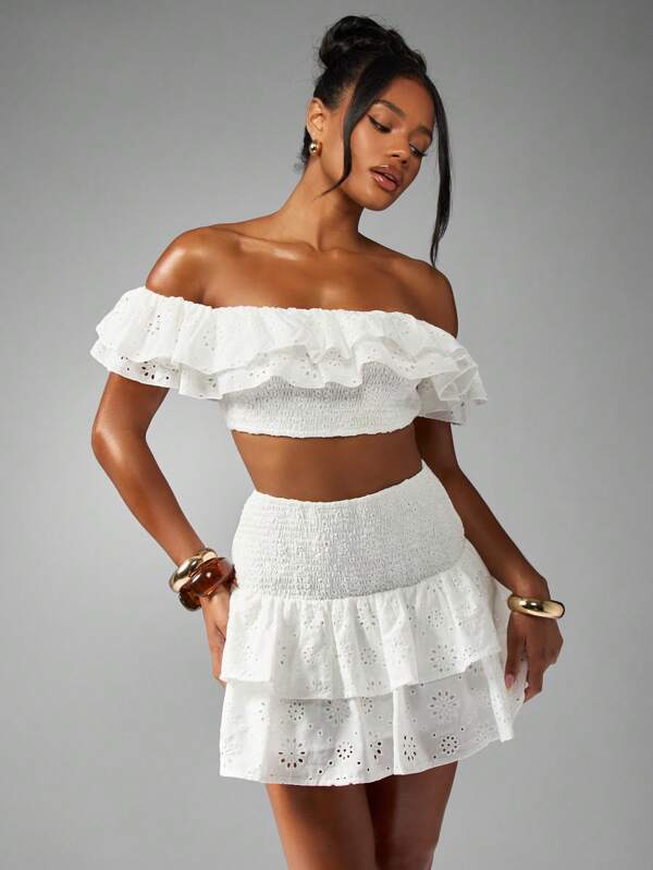 MISSGUIDED Broderie Anglaise Ruffled Crop Top With Tiered Mini Skirt