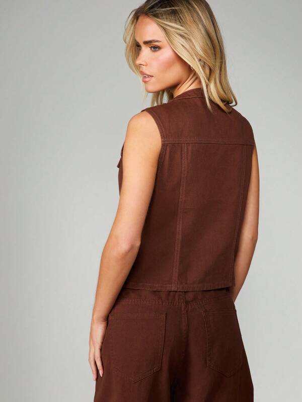 MISSGUIDED Brown Denim Sleeveless Button Front Vest