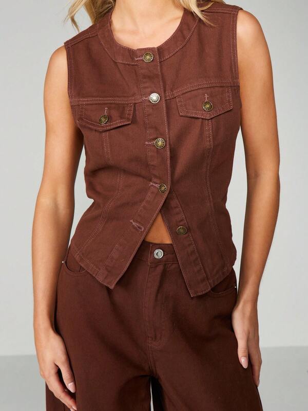 MISSGUIDED Brown Denim Sleeveless Button Front Vest