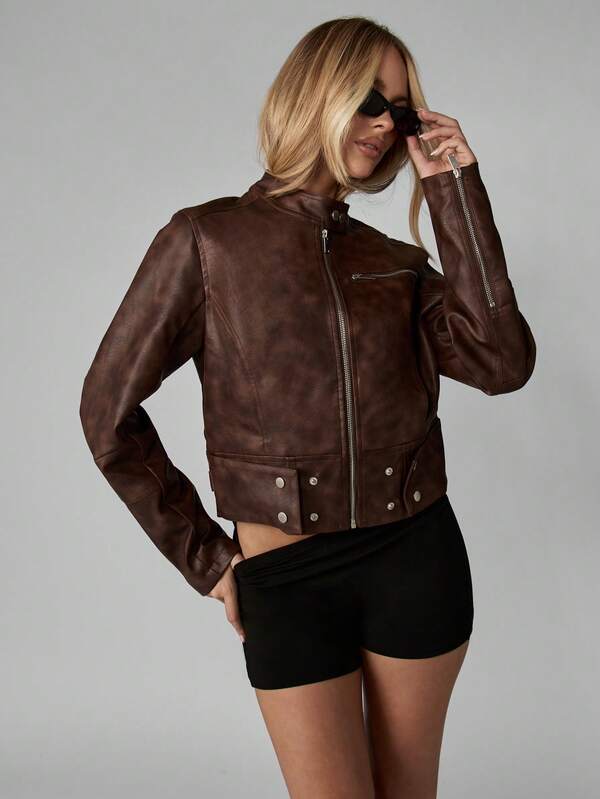MISSGUIDED Brown Leather Motorcycle Jacket With Side Zips