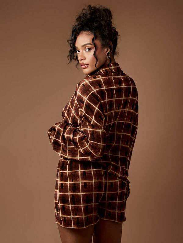 MISSGUIDED Brown Plaid Knitted Two Piece Set