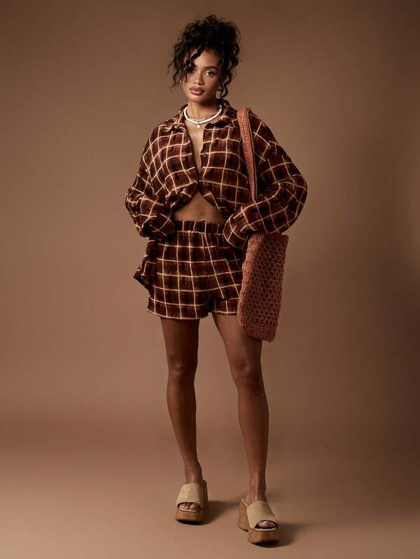 MISSGUIDED Brown Plaid Knitted Two Piece Set