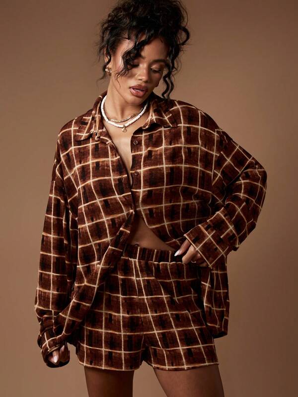 MISSGUIDED Brown Plaid Knitted Two Piece Set